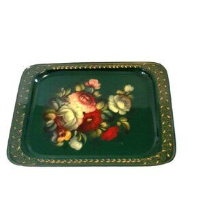 Serving Tray Enameled Metal Green Rosmaling High Gloss Rose Mums Pansy USSR